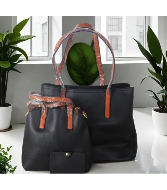 H1571 - Black 3pc Fashion Handbag Set